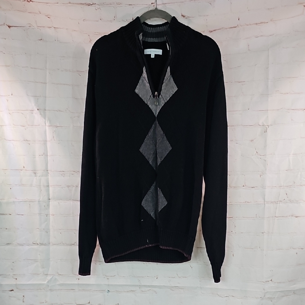 Black and Gray Zip Up Sweater with Argyle Design